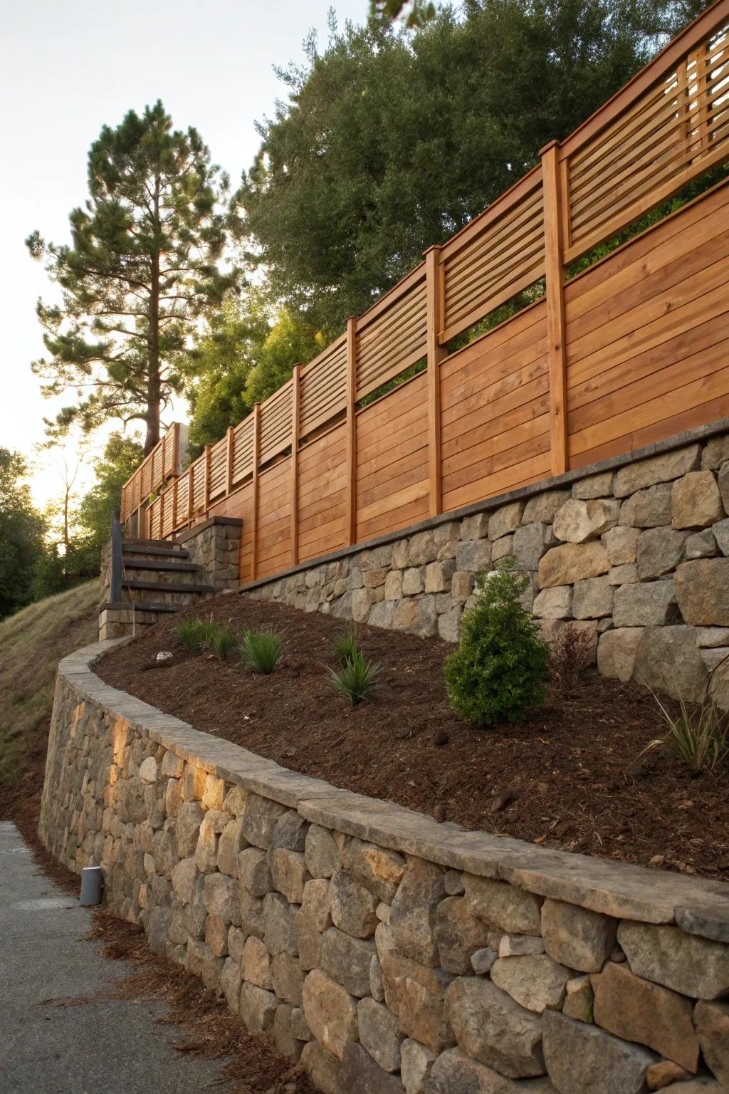 Boost your garden's aesthetic and robustness with a meticulously constructed horizontal fence placed upon a retaining structure.