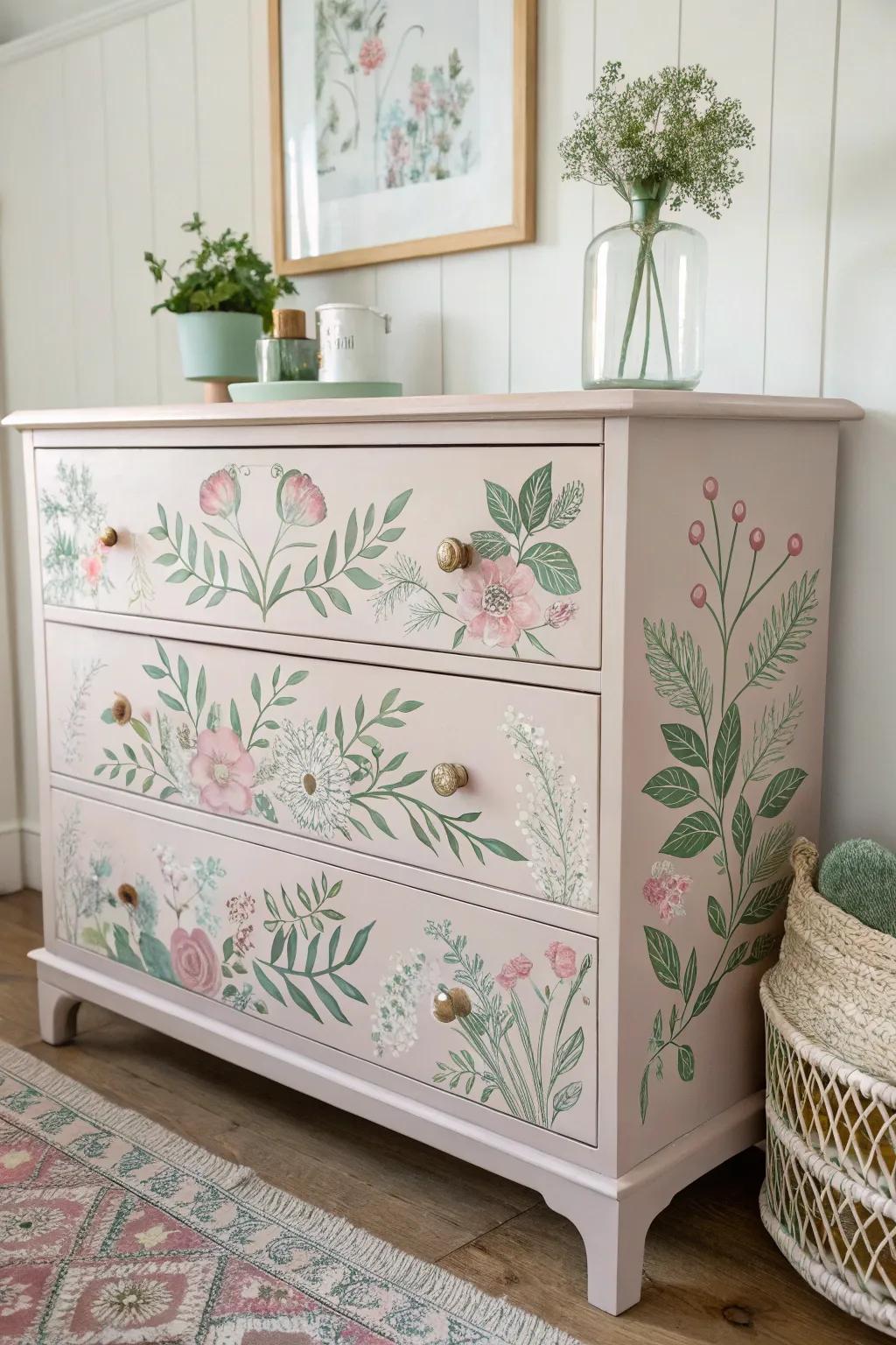 Transform your dresser with stenciled floral patterns for a whimsical touch of nature.