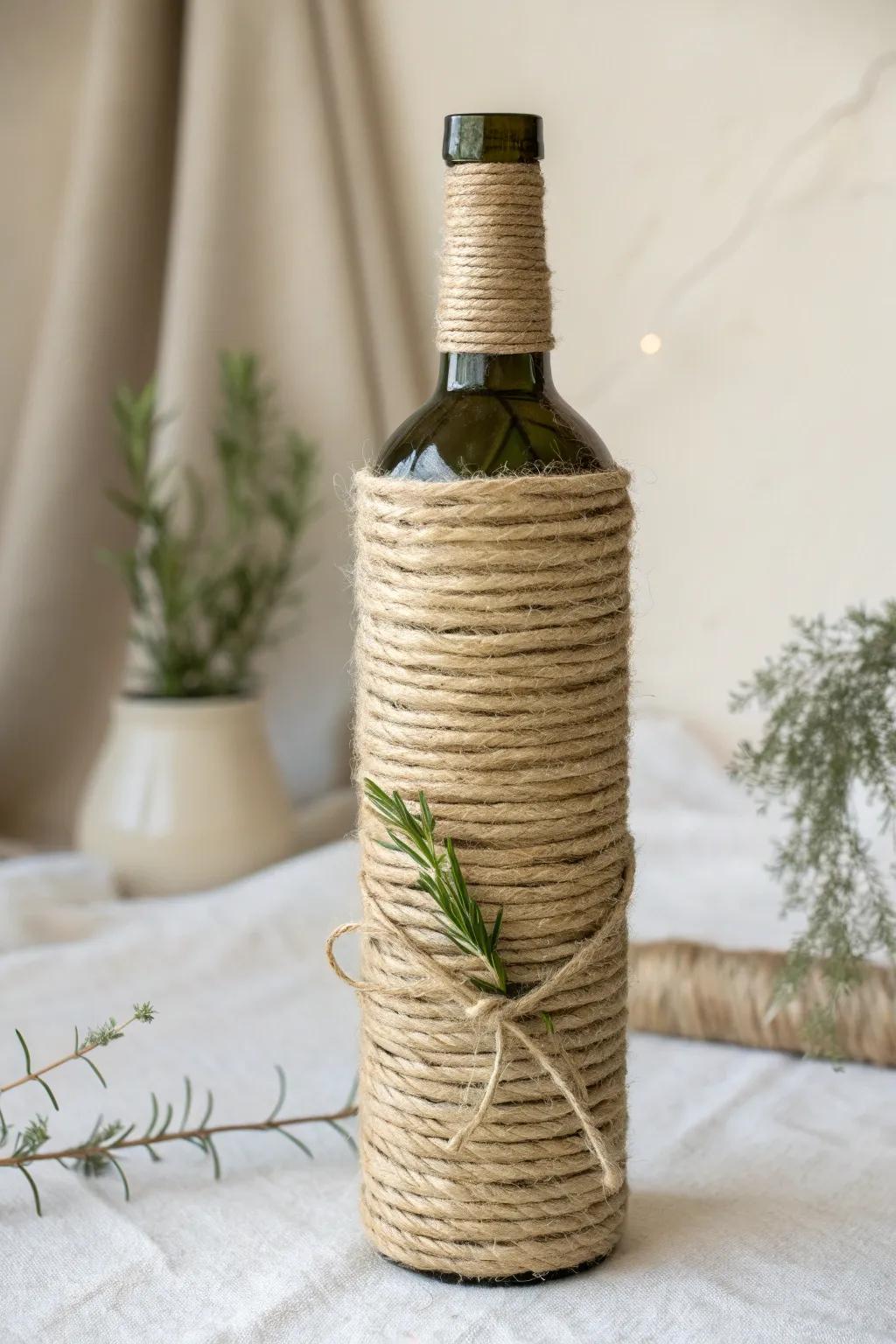 Enhance your gifting through a country element: a beautifully enclosed wine bottle blending simplicity with the outdoors.