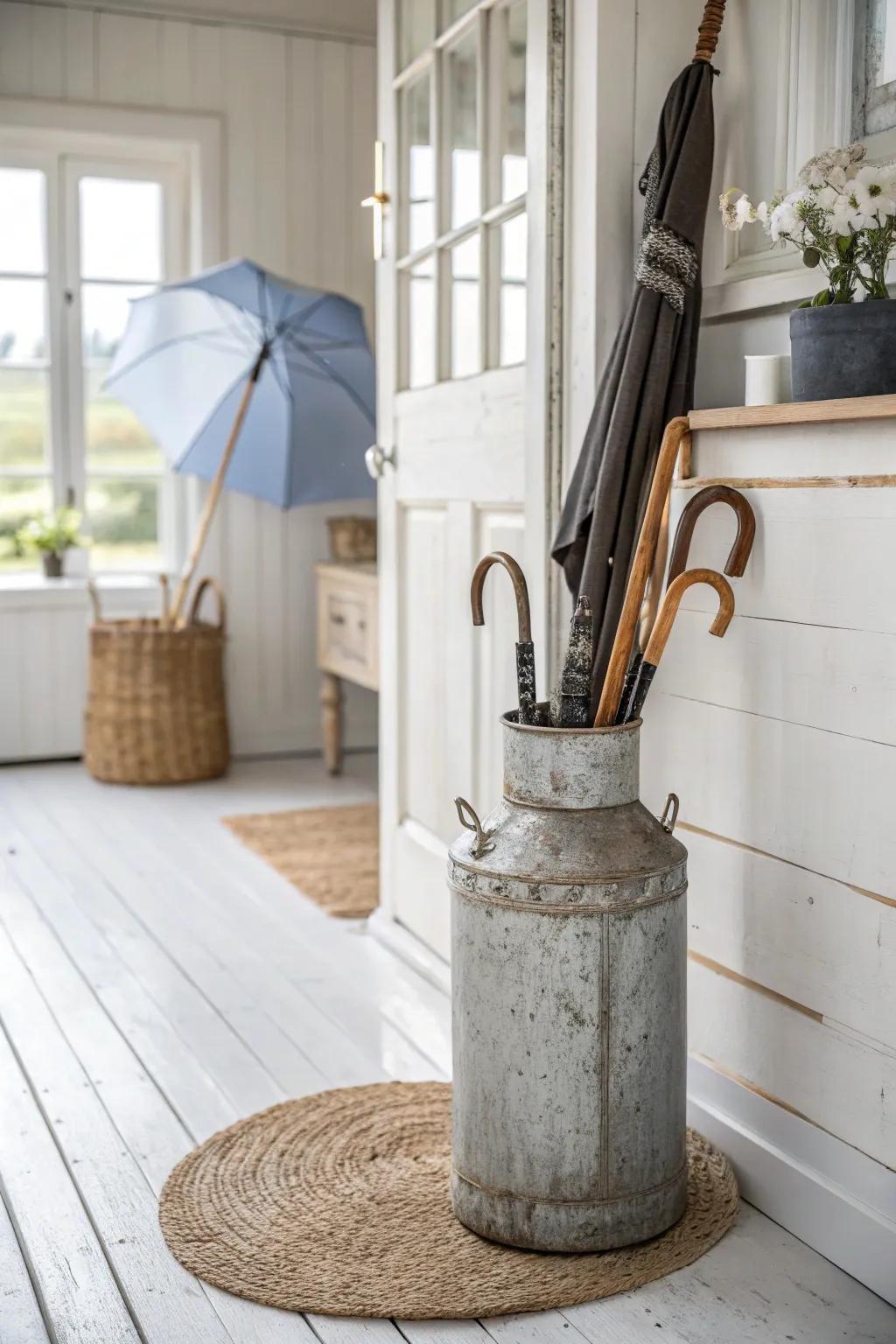 Transform the ordinary into extraordinary: a country-style umbrella stand blending practicality with farmhouse charm.