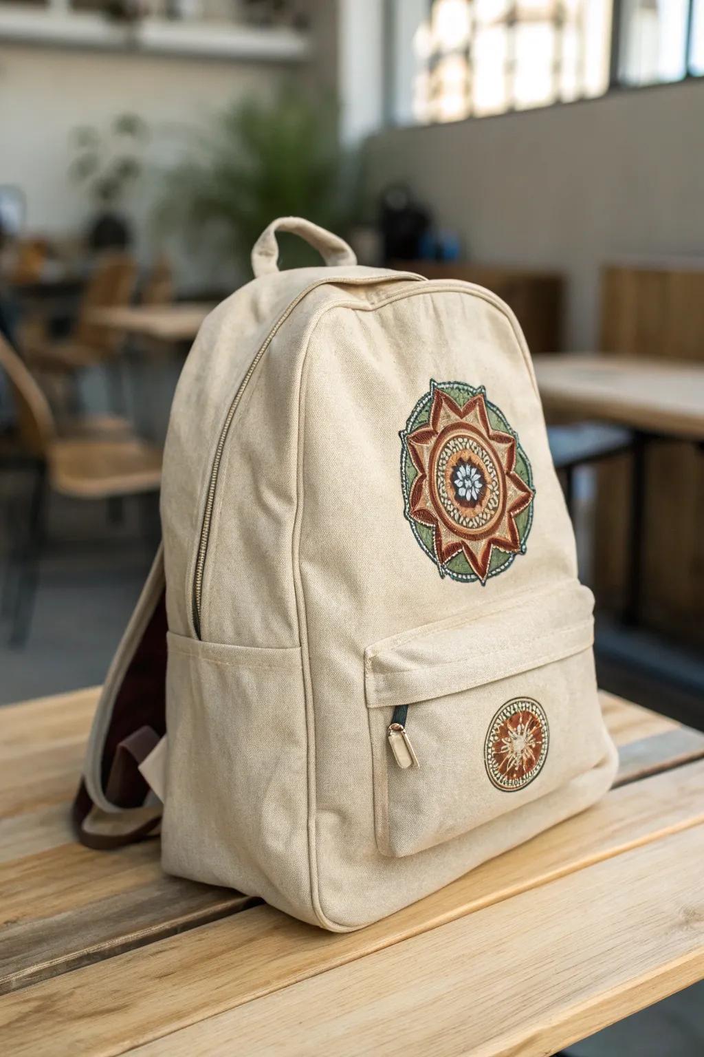 With a bohemian appliqué on your favorite backpack, add a nostalgic touch to your outfit.