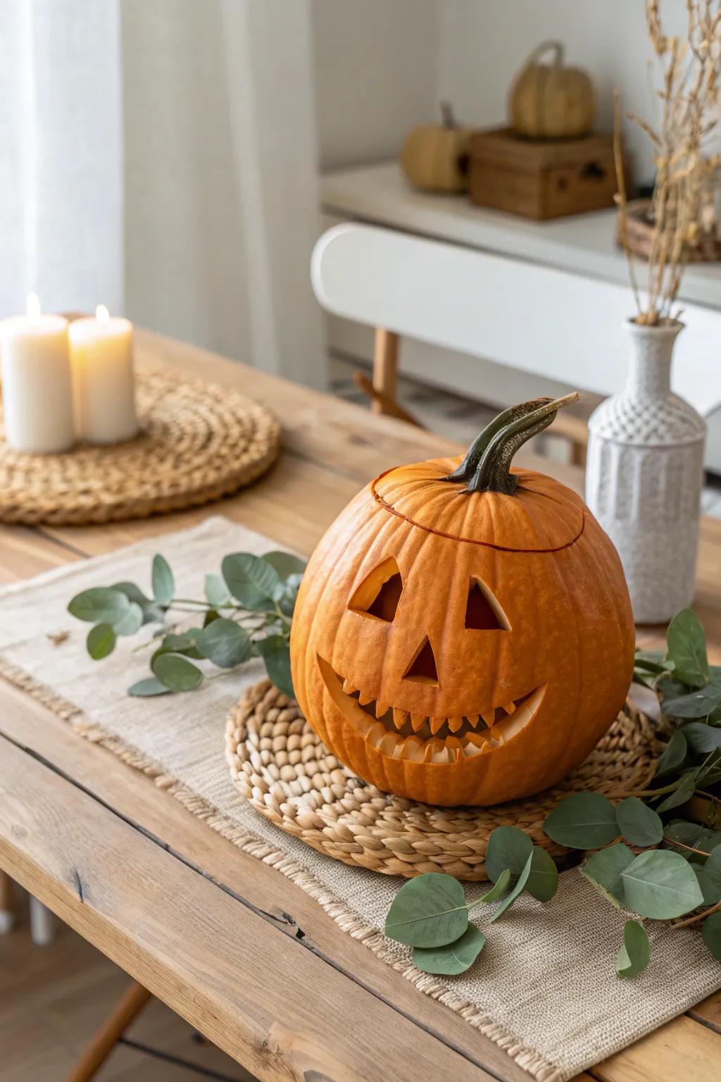 Infuse a dash of humor into your Halloween decor with this endearing playful grin pumpkin carving!