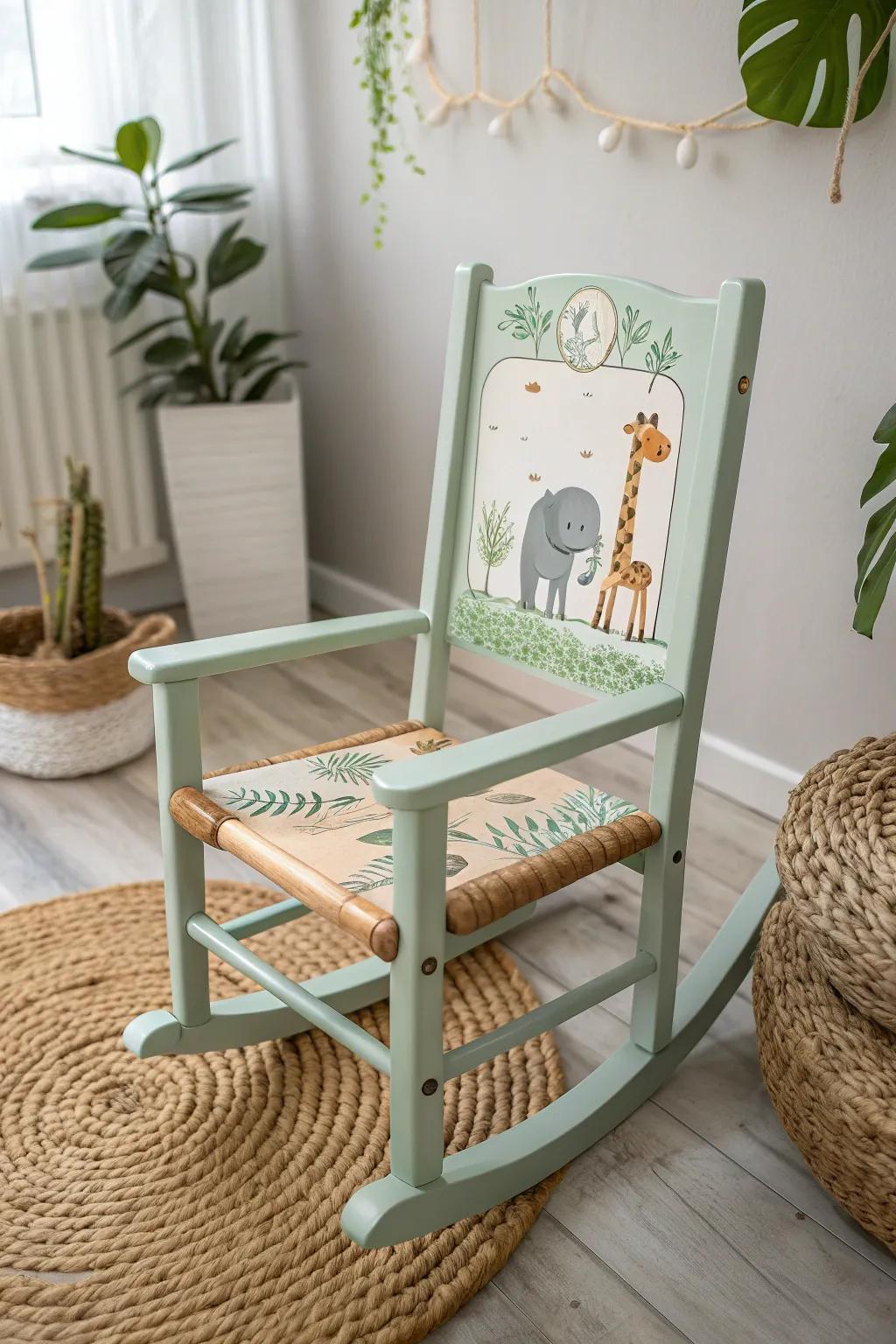 Embark on a Wilderness Expedition with this delightful handcrafted rocking chair, a perfect addition to your little explorer's room!