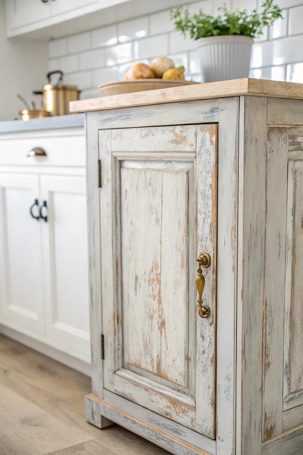 Bring a vintage touch to your kitchen with beautifully distressed cabinets.
