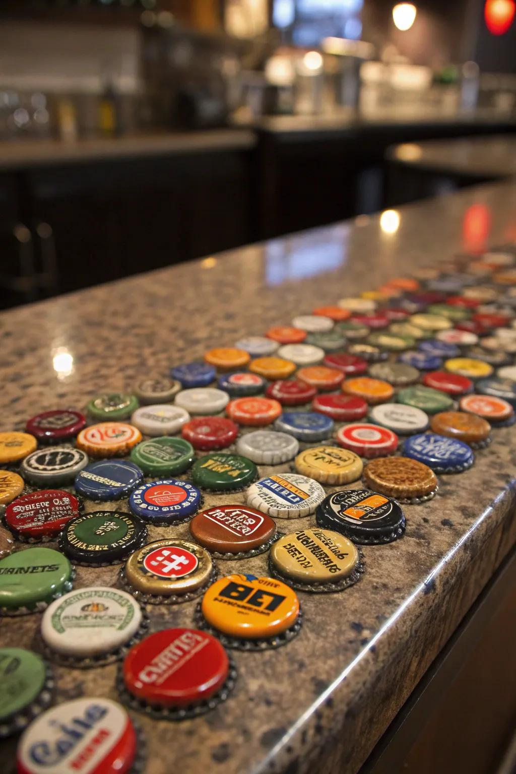 Create a captivating man cave with a bottle cap surface, where each cap shares its own tale.