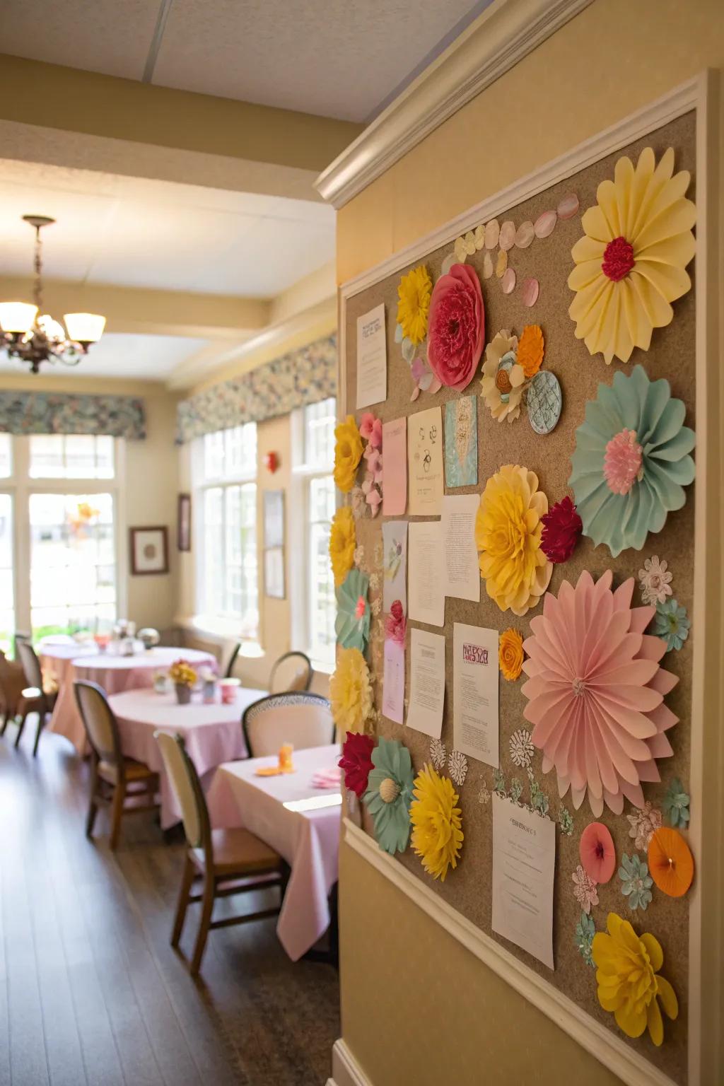 A spring-inspired display board overflowing with colorful blossoms.