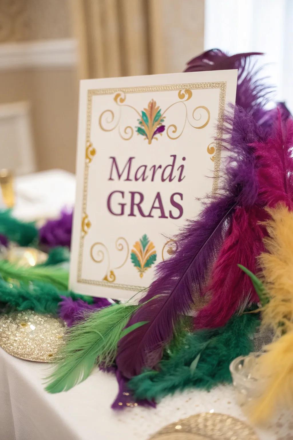 Enhance your Mardi Gras invitation with plume embellishments for added flair.