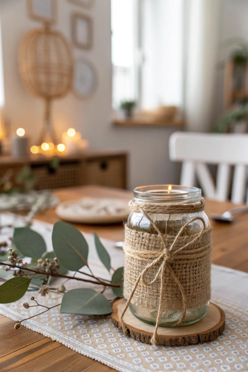 Cherish the rustic magnetism of autumn through this exquisitely fashioned homespun cloth-enclosed jar centerpiece.