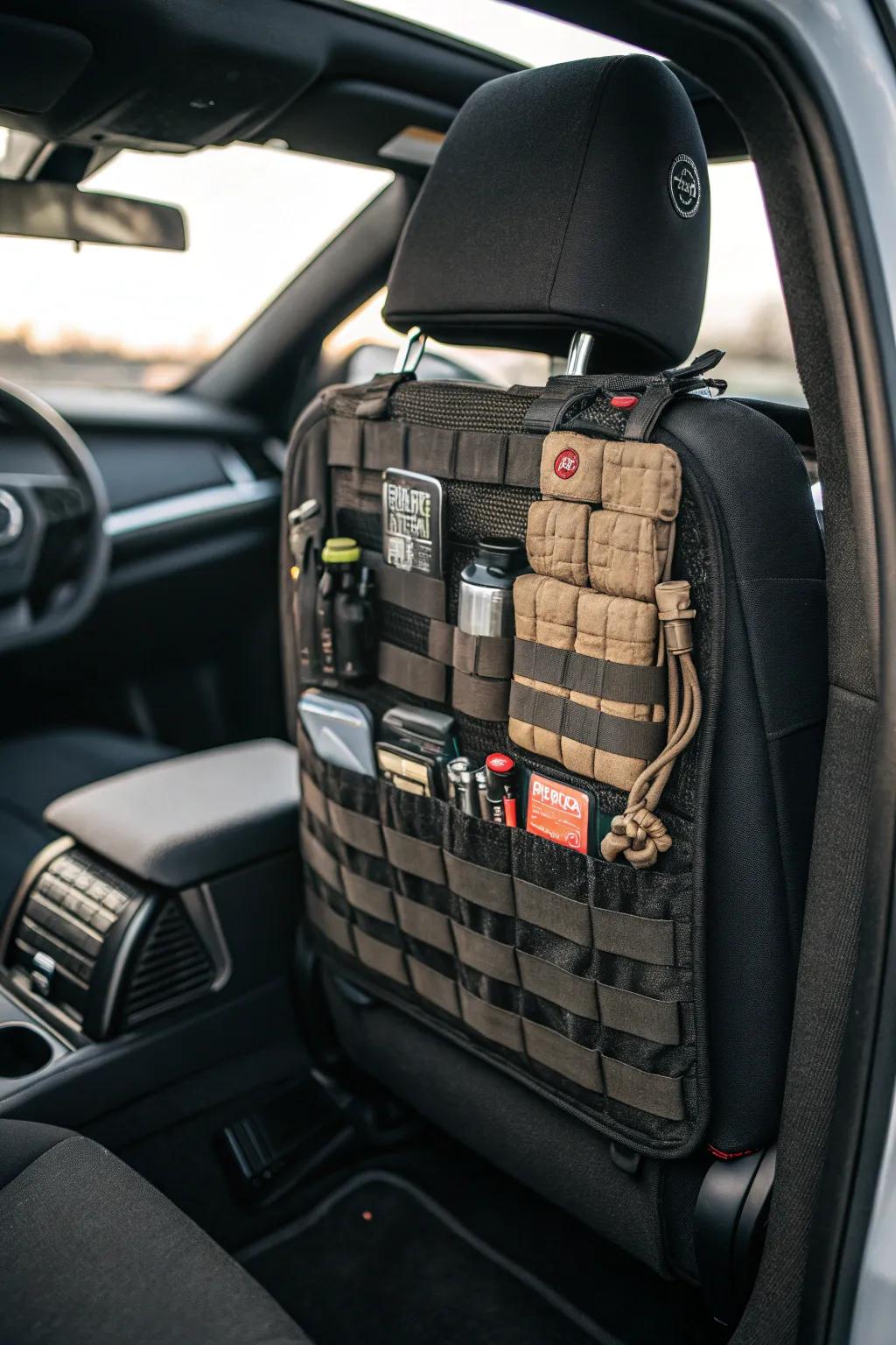 Enhance your road trips with a modular vehicle seat organizer, combining utility with artisanship.