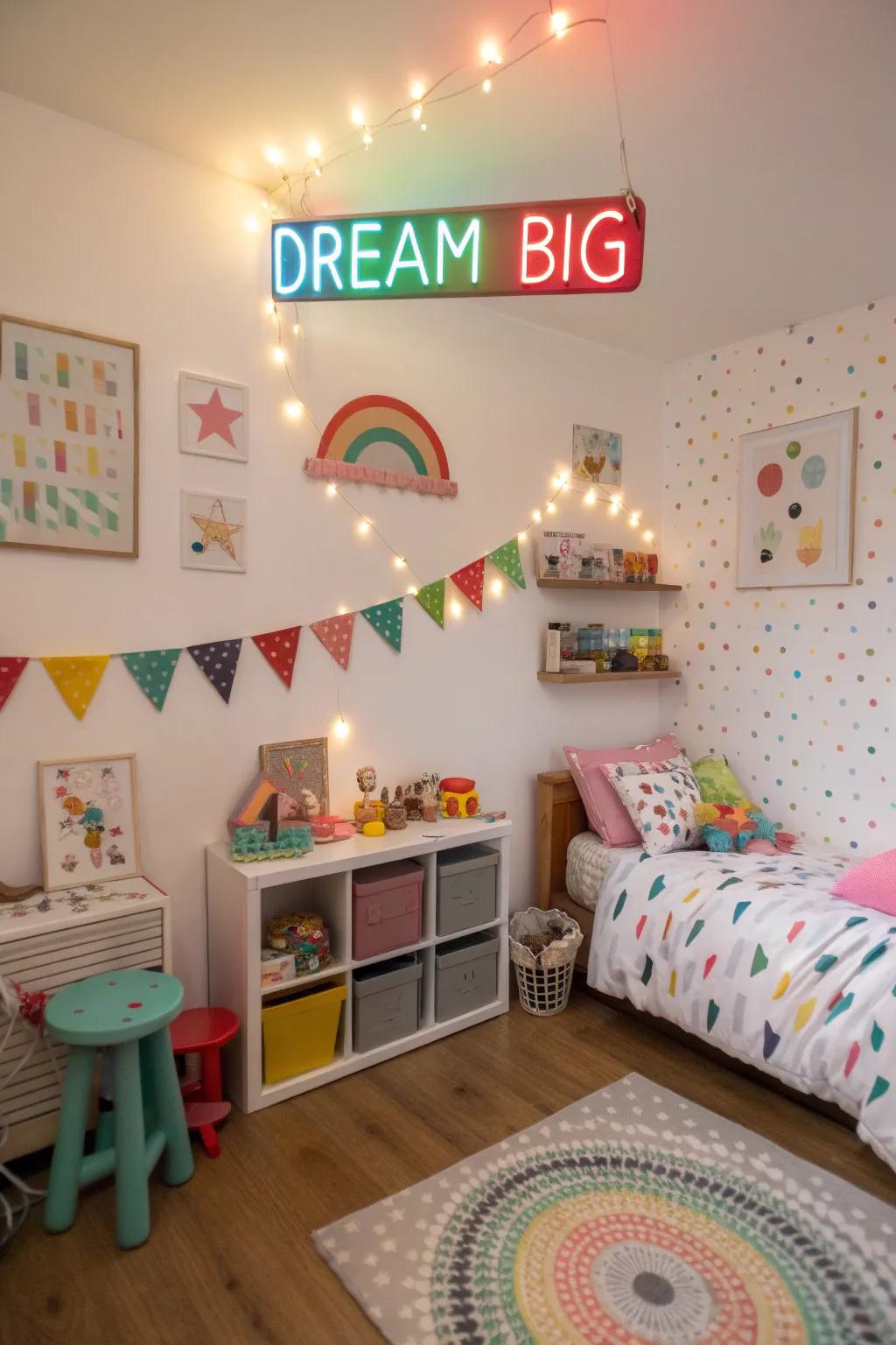 A child's room is made even better with a 'Dream Big' illuminated sign.