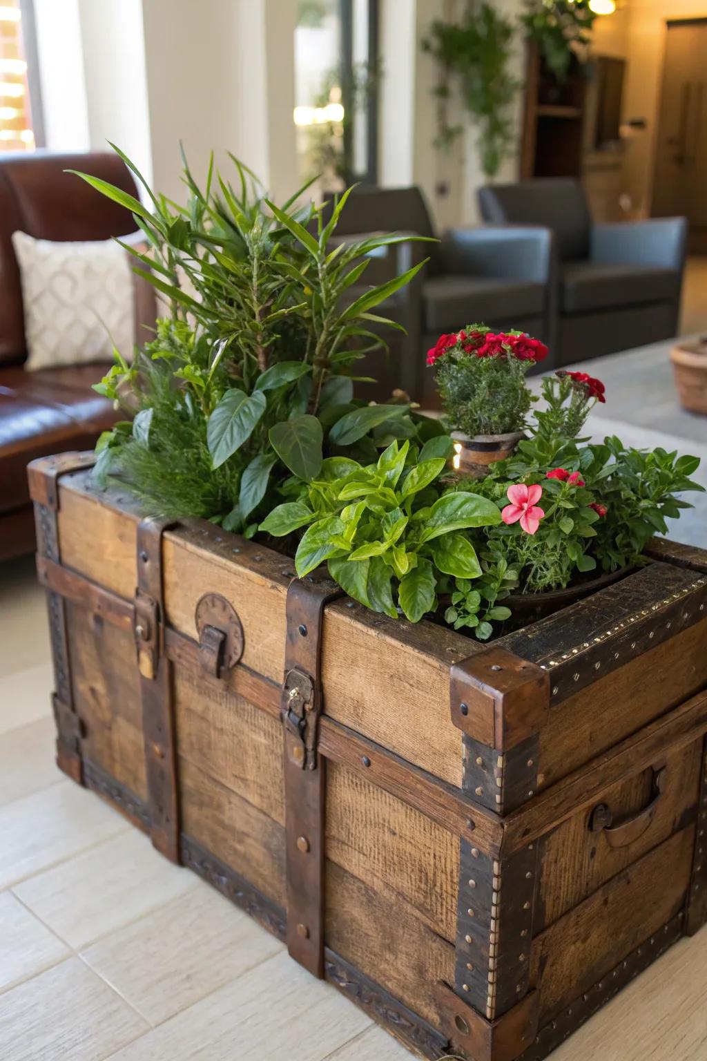 Invigorate your habitat with a nod to historical grace, converting a humble trunk into a singular horticultural exhibition.