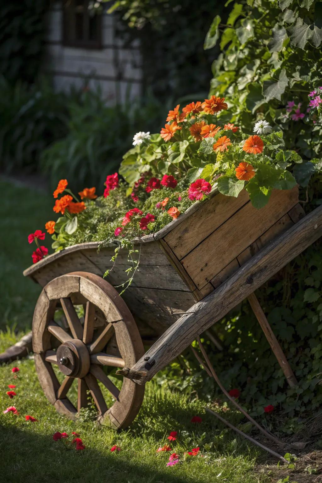 Transform your garden with an enchanting 'Overflowing Bloom' illusion using a repurposed wheelbarrow.