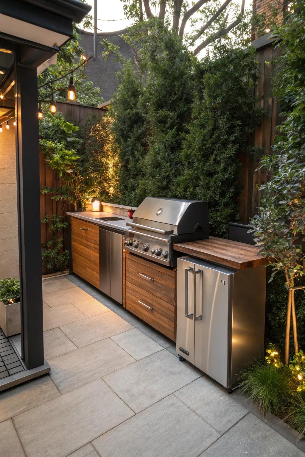 Make the most of your area with a streamlined L-shaped outdoor kitchen that is both practical and aesthetically pleasing.