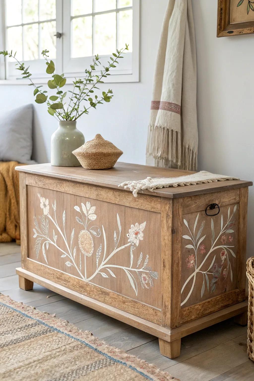 Elevate your space with an enchanting stenciled cedar chest—where simplicity intertwines with artistry.