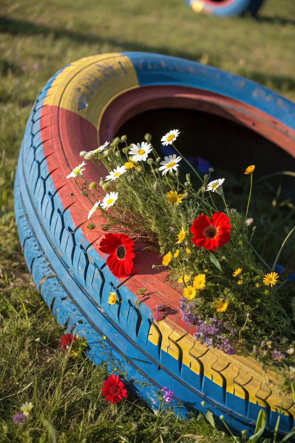 Transform your environment with a burst of color utilizing enchanting tire vessels.