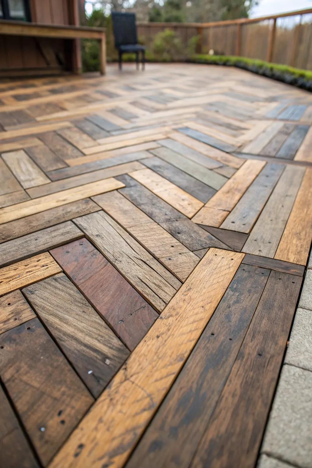 Transform your open-air setting with a marvelous chevron platform terrace, where artistry harmonizes with flair.