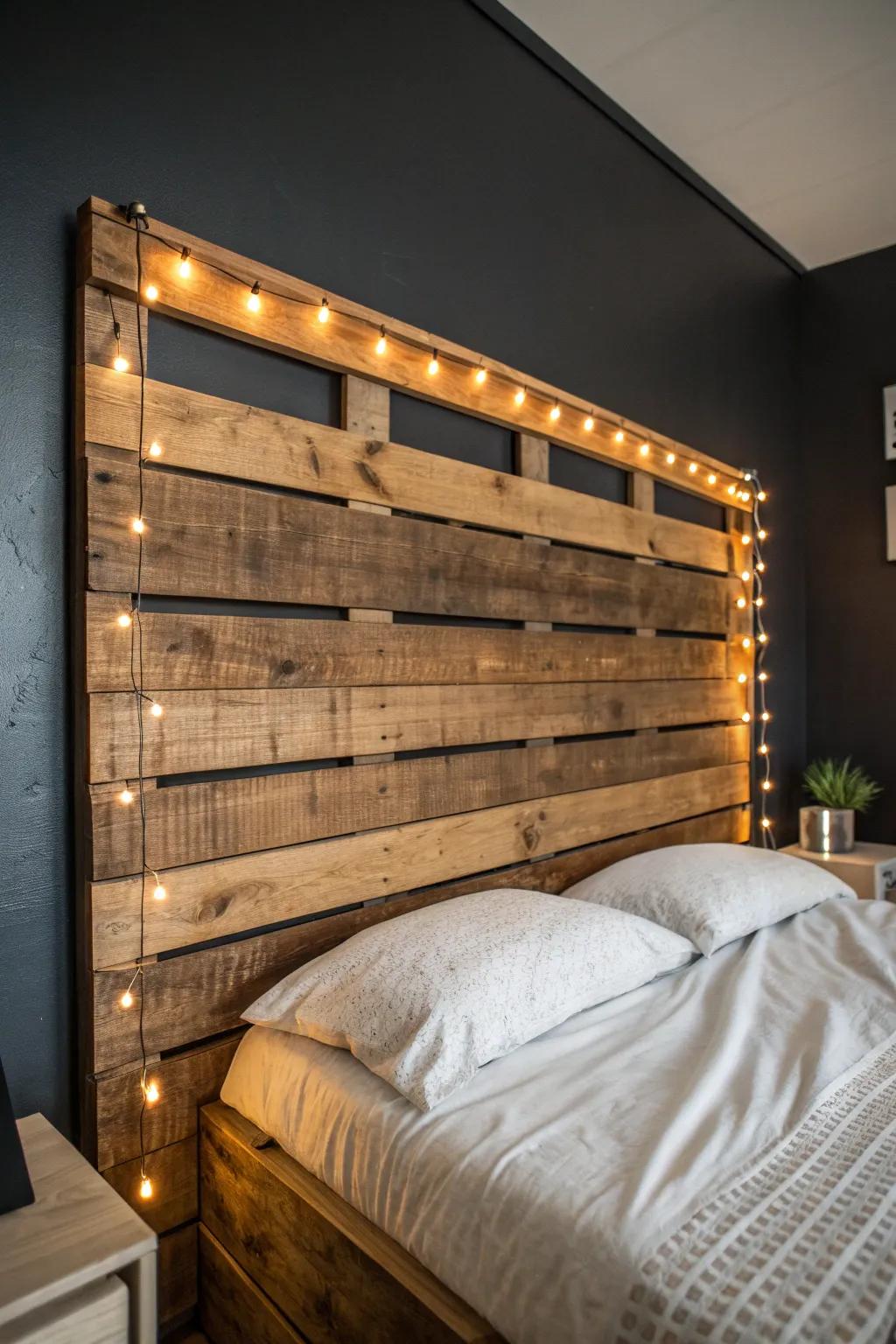 Light up your room with the cozy glow of built-in lighting on a rustic wooden platform headboard.