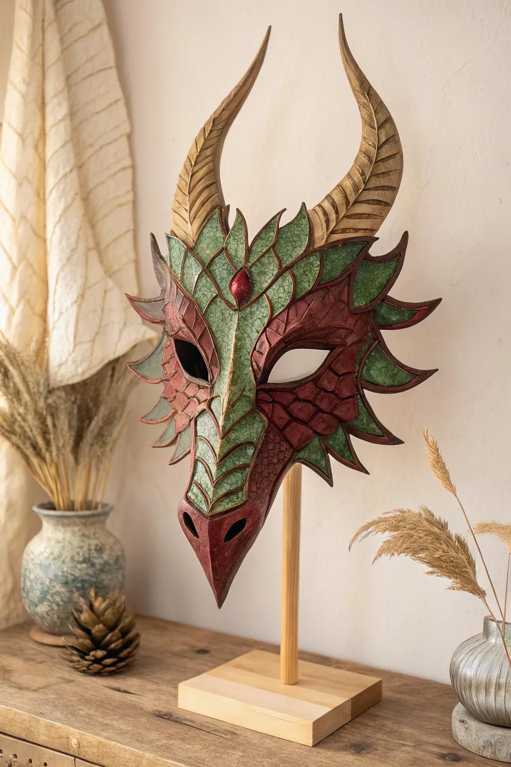 Release your creative genius with this alluring dragon mask, a convergence of fantasy and craftsmanship.