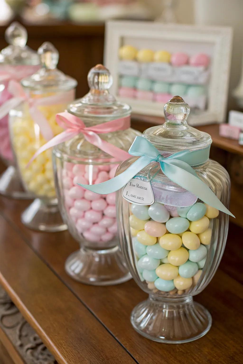 Sweet vases brimming with vibrant delicacies, an appealing party favor for baptisms.