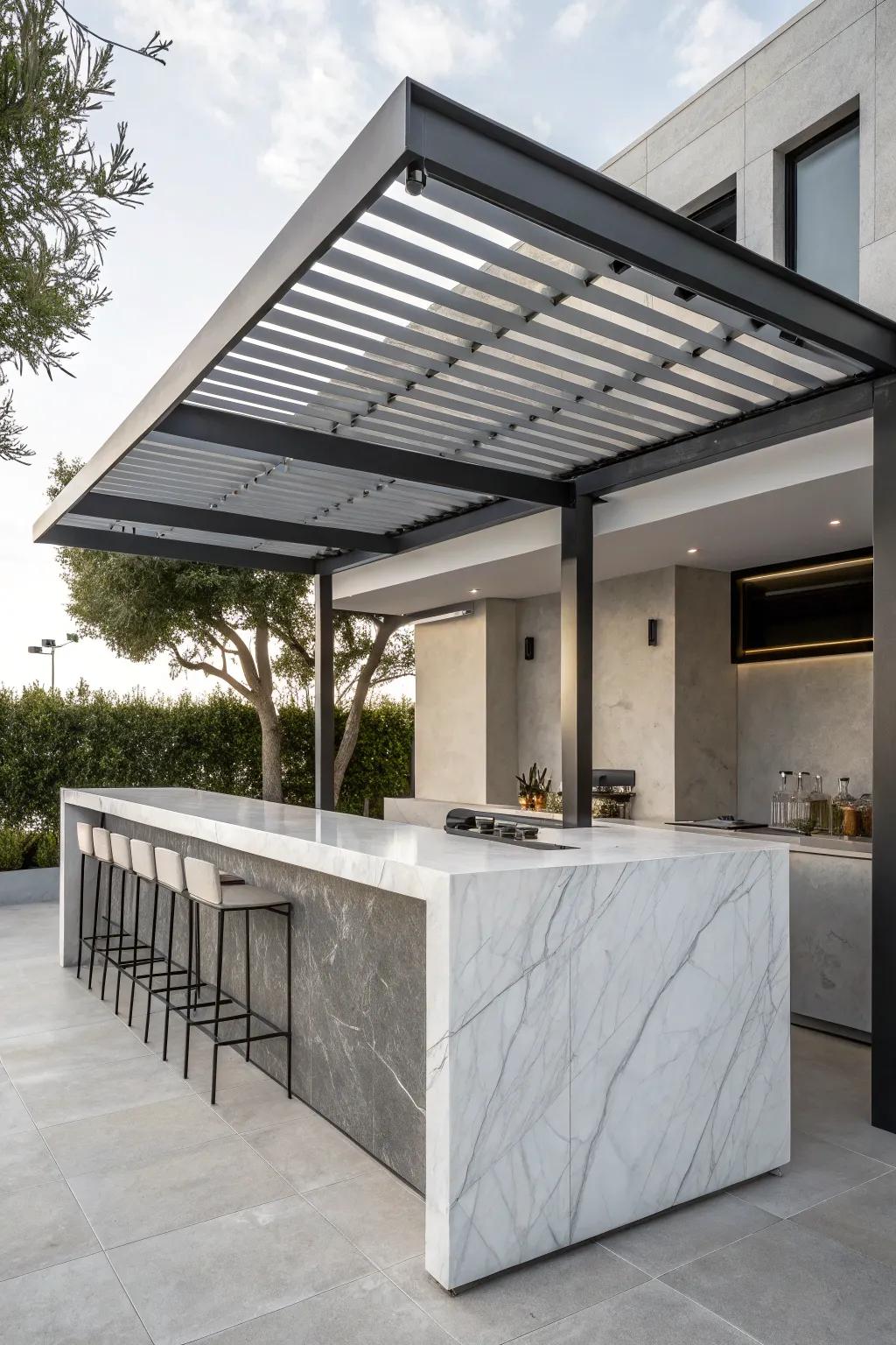 Elevate your outdoor area with an understated pergola bar, where streamlined design harmonizes with contemporary elegance.