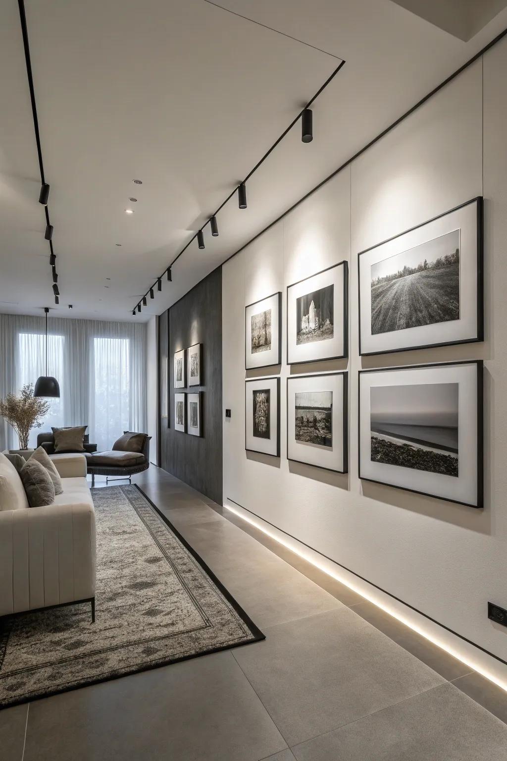 Monochrome frames spotlight the art and deliver a streamlined, modern vibe.