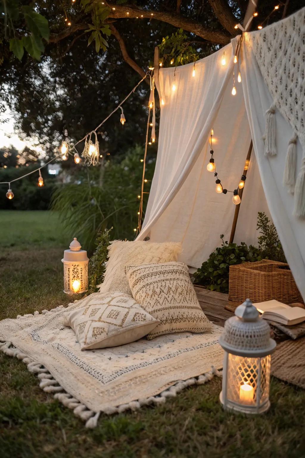 Convert your backyard into a tranquil glamping getaway with this alluring pillow fort arrangement.