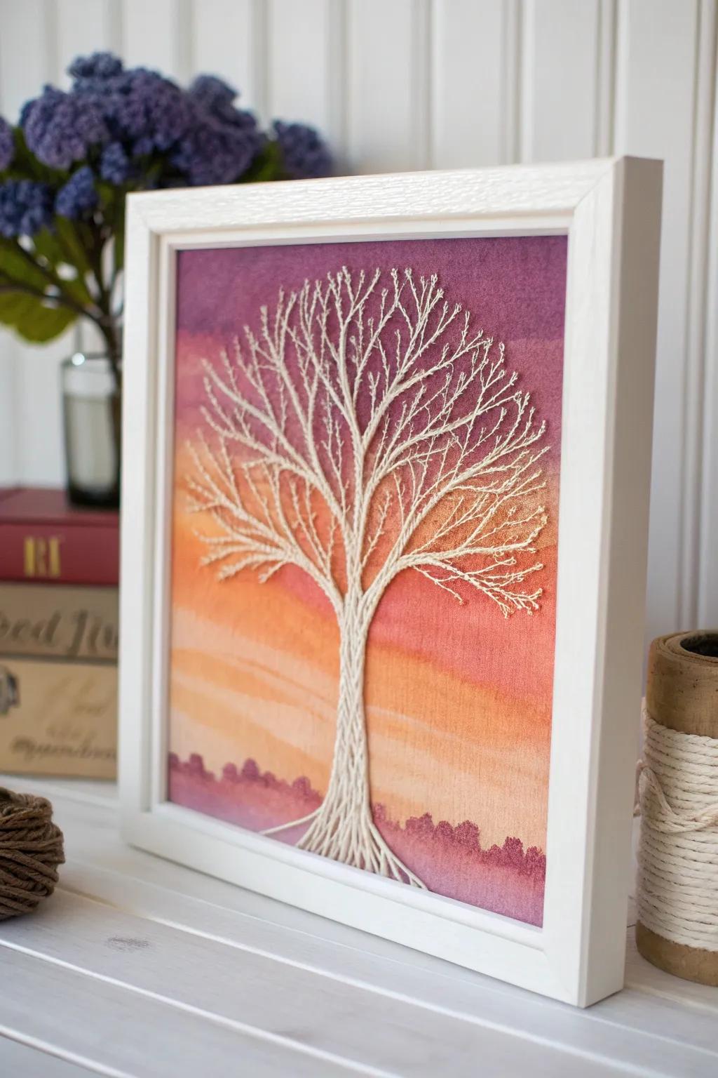 Capture the beauty of a sunset with this enchanting tree silhouette string art—where minimalist elegance meets bohemian charm.