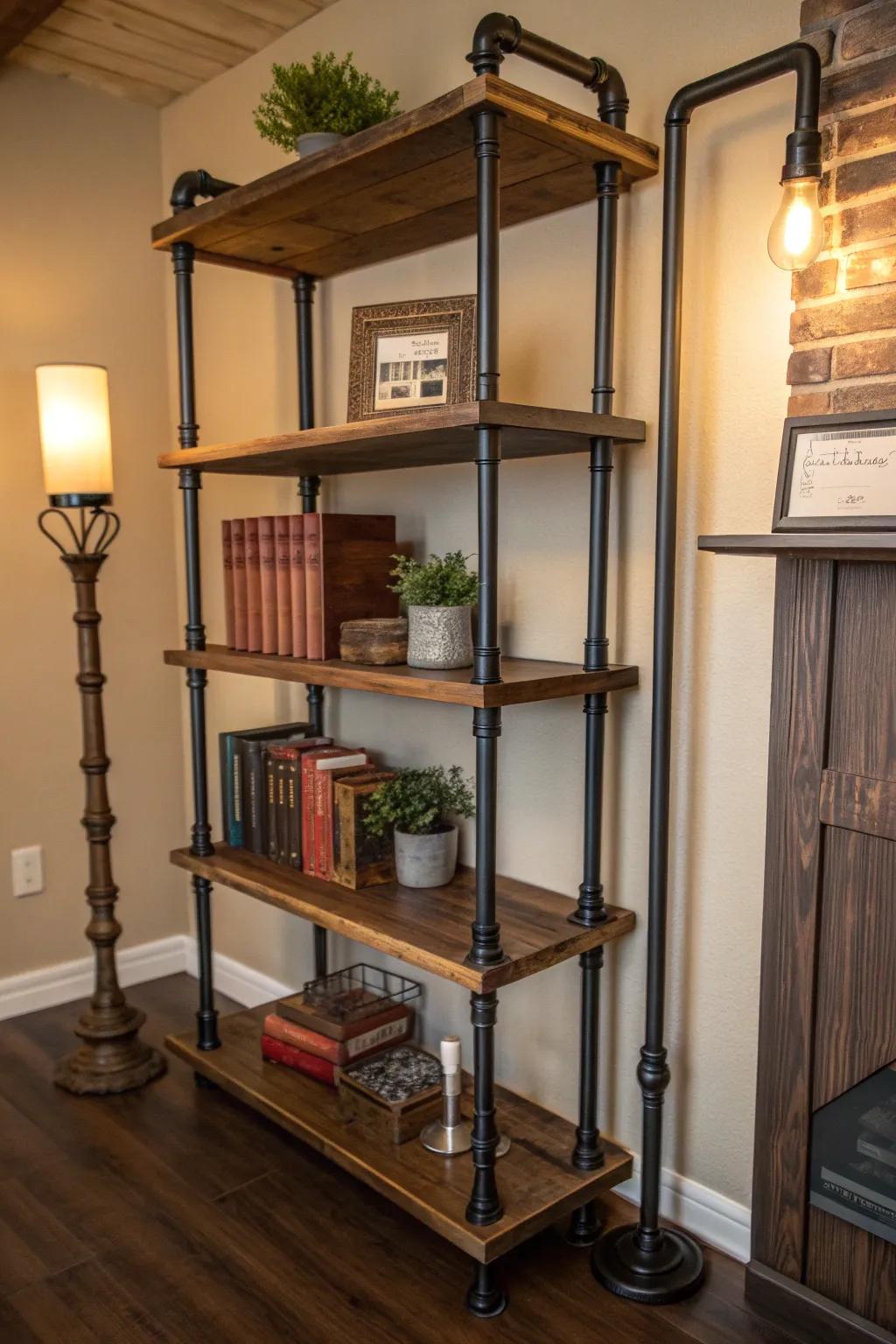 Transform your corners into a stylish reading space with tailor-made pipe shelving that emanates artistry and individuality.
