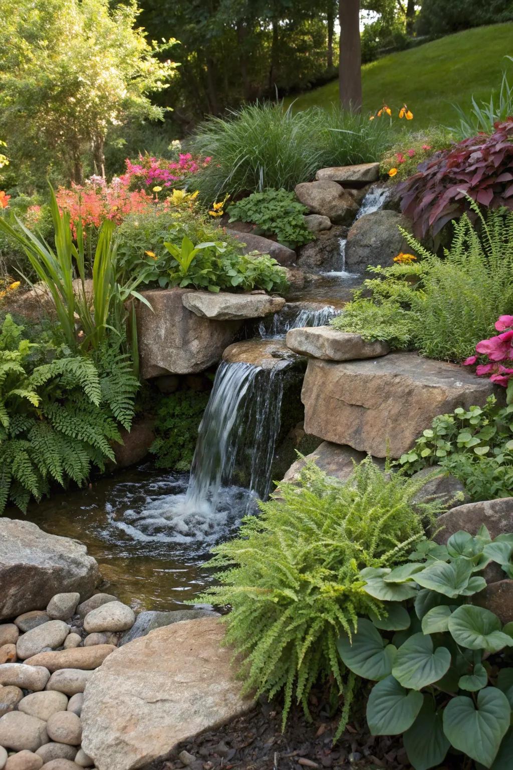 Uncover serenity with this expertly fashioned pondless cascade, a flourishing verdant sanctuary in your personal yard.