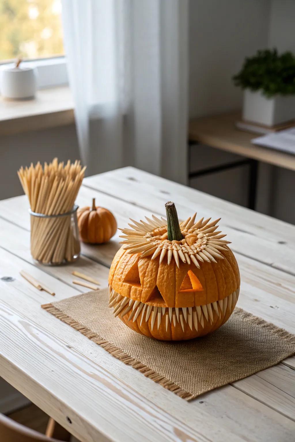 Incorporate an eccentric alteration to your pumpkins with splintered pick dentures—simple, crafty, and delightfully unforeseen!