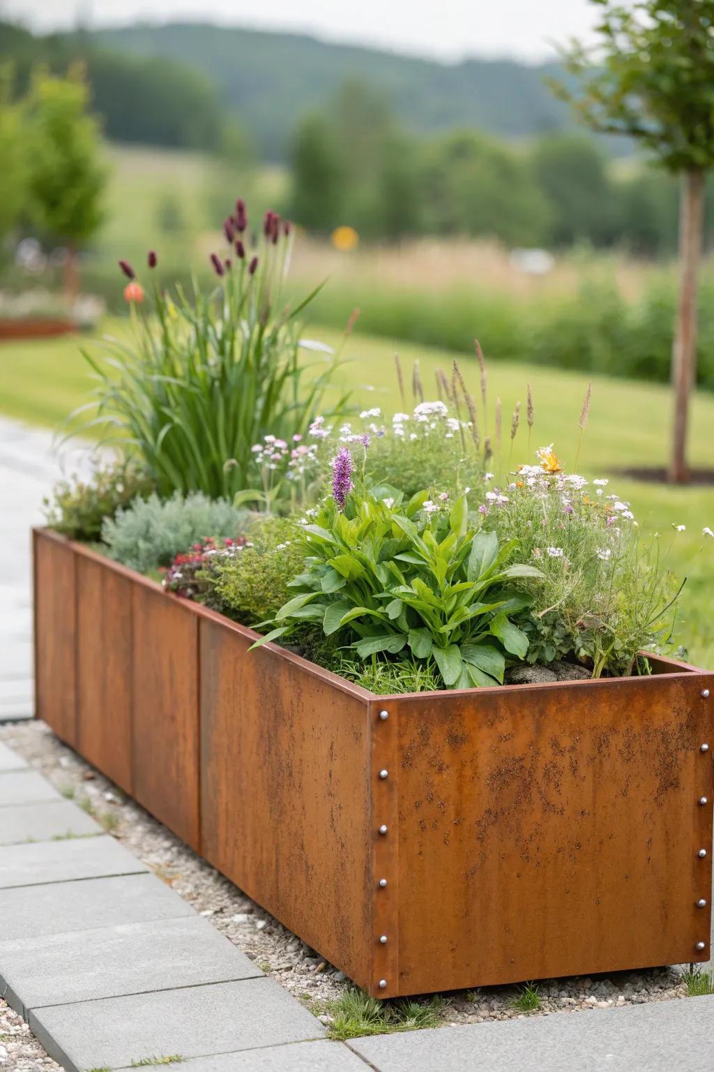 Appreciate the charm of transformation with a weathering steel raised bed, where refined layout encounters organic sophistication.