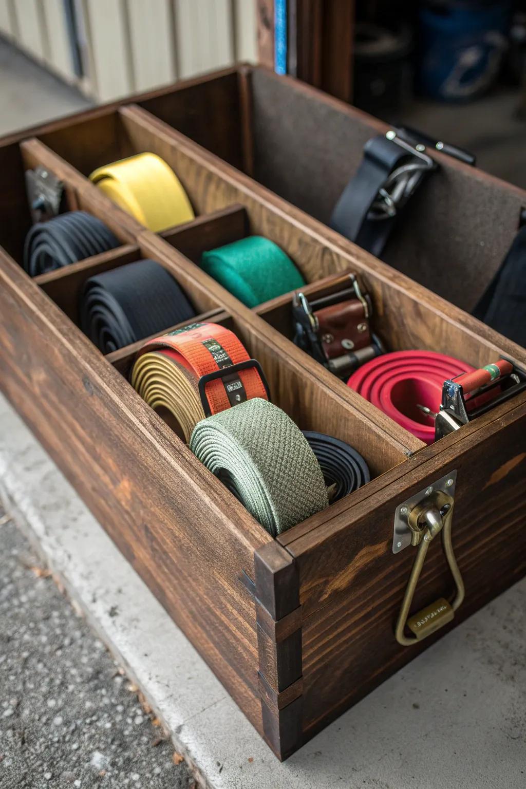 Enhance your workshop's organization with artisanally crafted, compartmentalized bins tailored for tie-down straps.