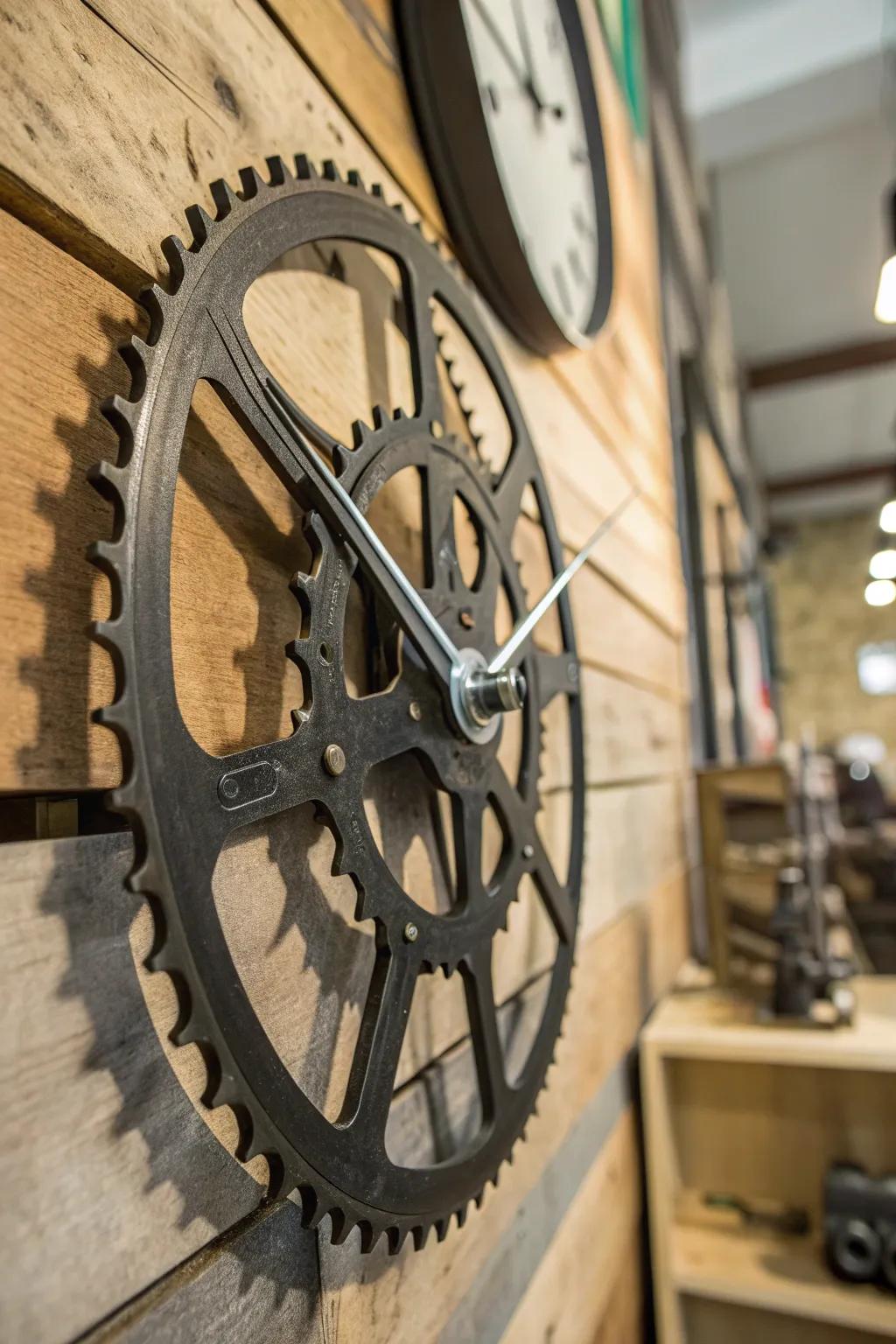 The confluence of chronology and artistry: A distinguished clock arising from salvaged bicycle cogs.