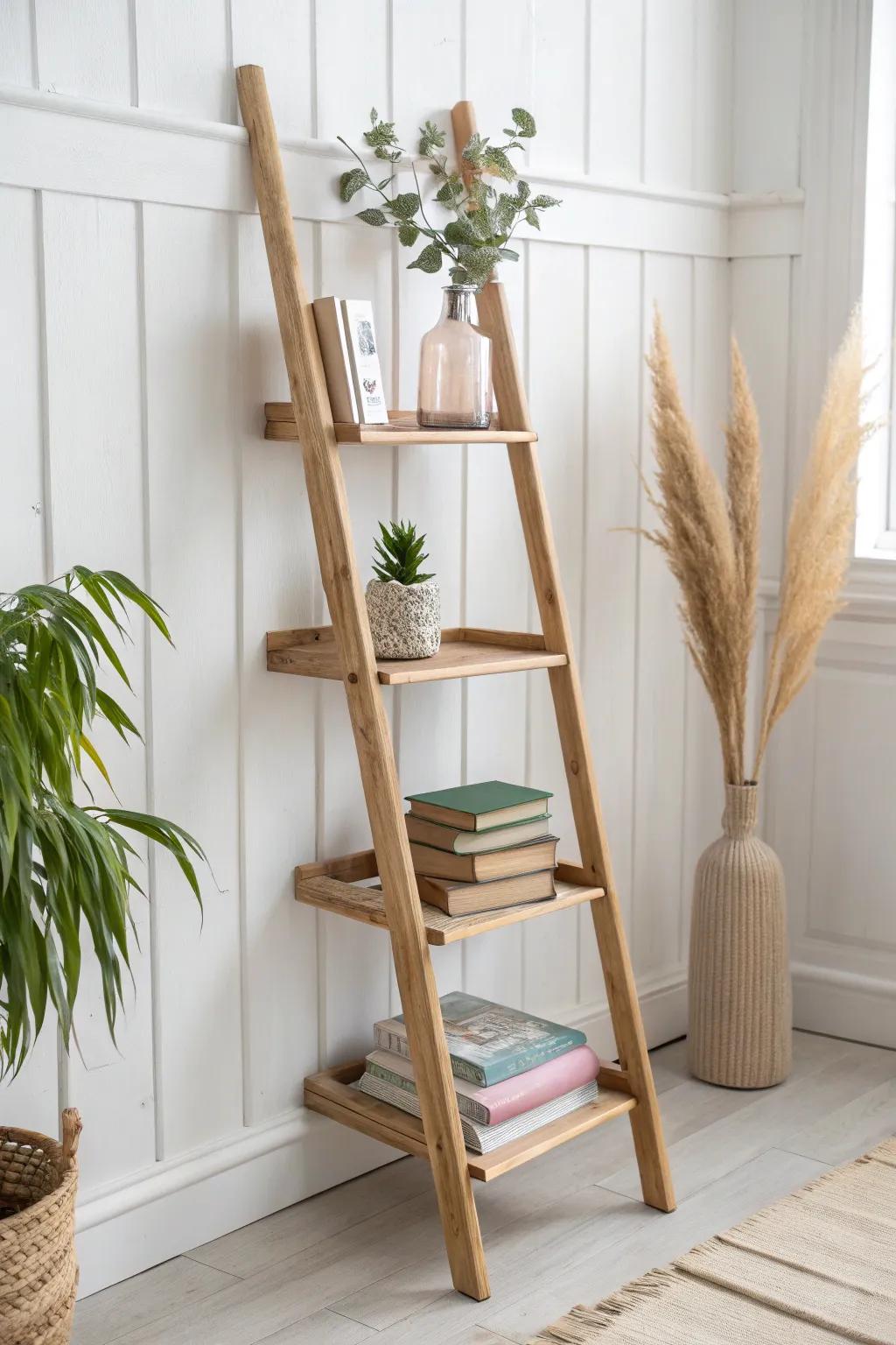 Enhance your area with this refined ladder-turned-shelf—where straightforwardness encounters panache. 🌿📚 #RevampedElegance #ScandiBoho