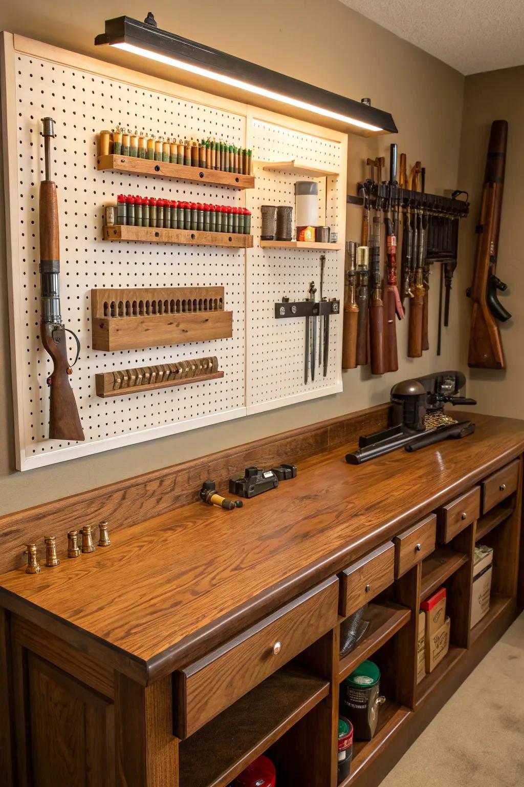 Efficiency and aesthetic converge with a wall-mounted pegboard for your reloading bench.