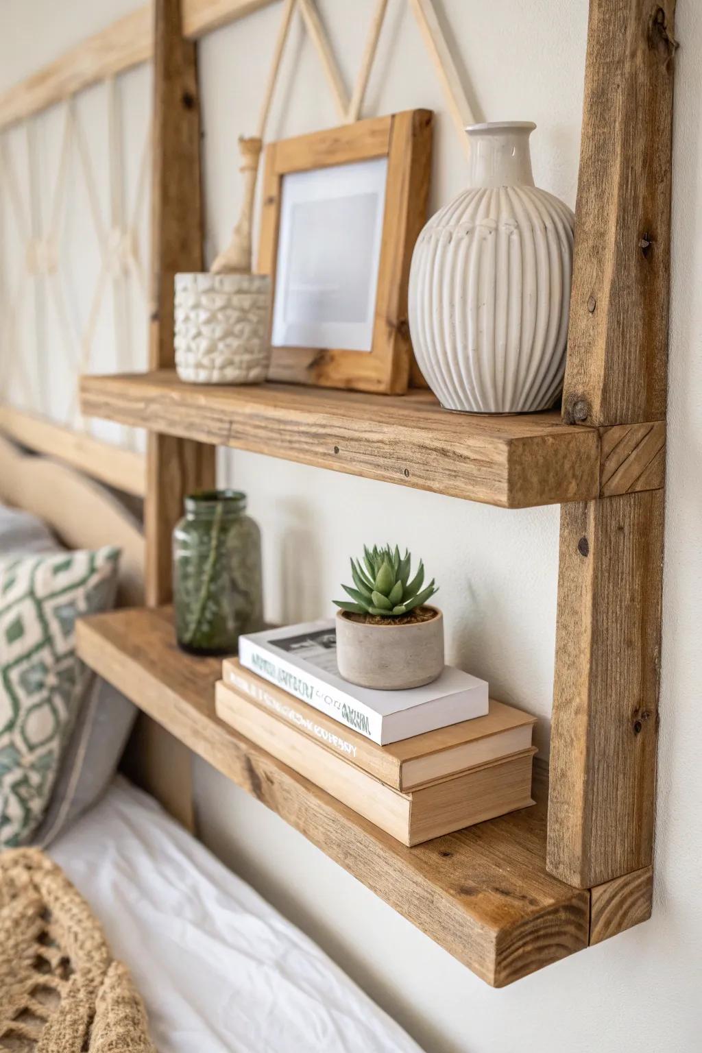 Transform your space with rustic allure: Repurpose a bed frame into striking shelves!