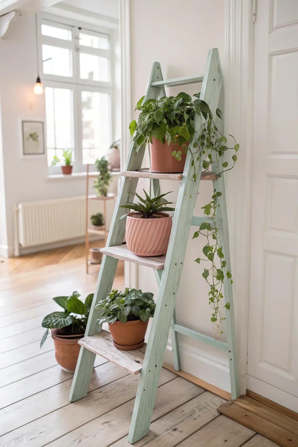 Showcase your greenery with a charming ladder plant display, where simplicity harmonizes with natural elegance.