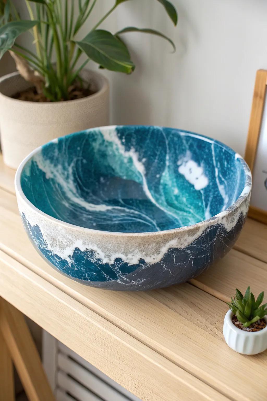Usher a hint of the sea into your abode through this remarkable oceanic ripple resin bowl. 🌊 #ScandiBoho #ResinArt #HomeDecor