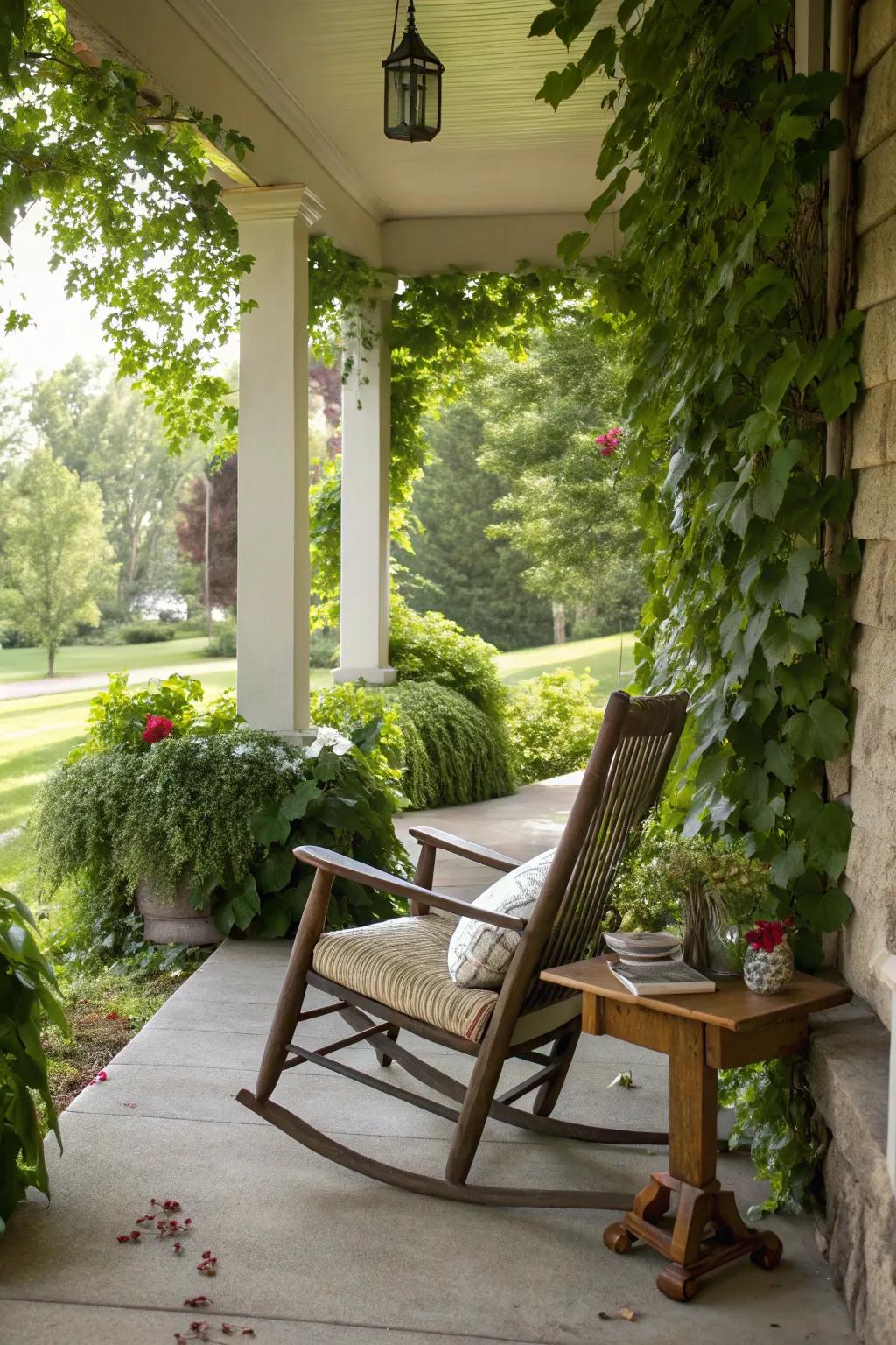 An attractive outdoor retreat enhanced by a rocking chair situated on the veranda.