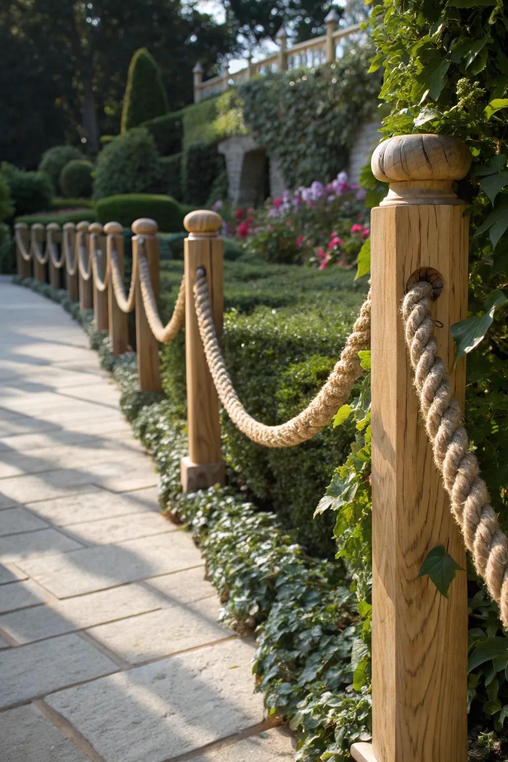 Embrace the artistry of nature with this refined rope handrail, guiding your garden exploration.