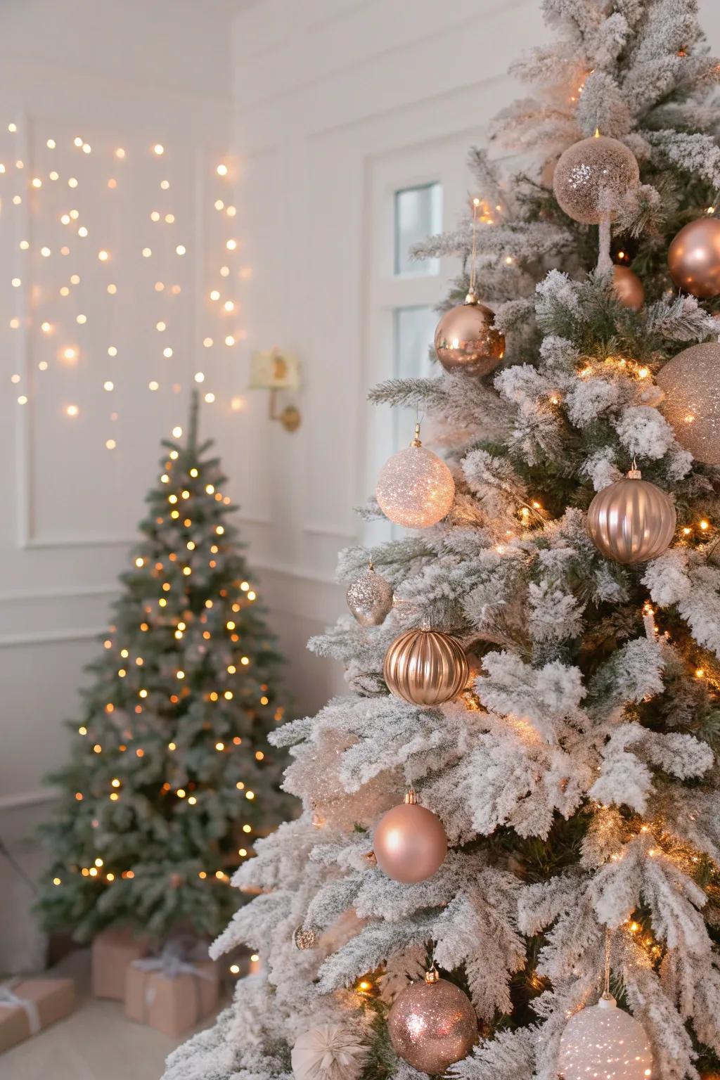 An iced Christmas tree embellished with roseate decorations for a captivating presentation.