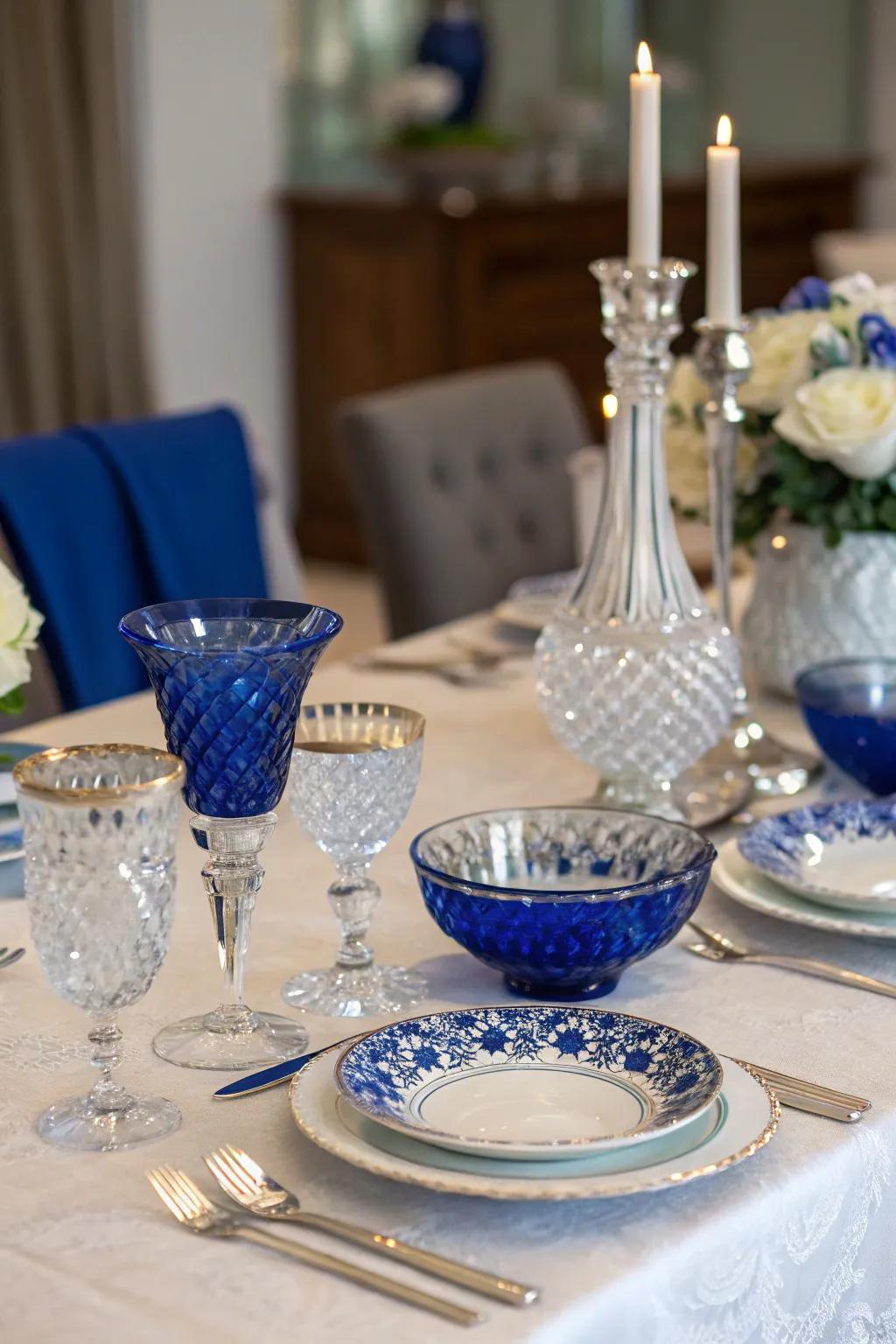 Gem and glass embellishments with azure specifics introduce an element of glamour to the table.