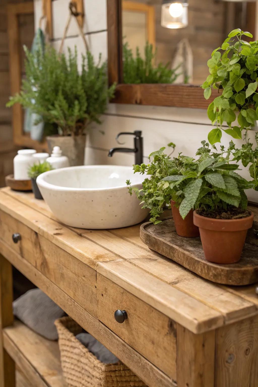 A country bathroom vanity embellished with miniature potted plants and greenery.
