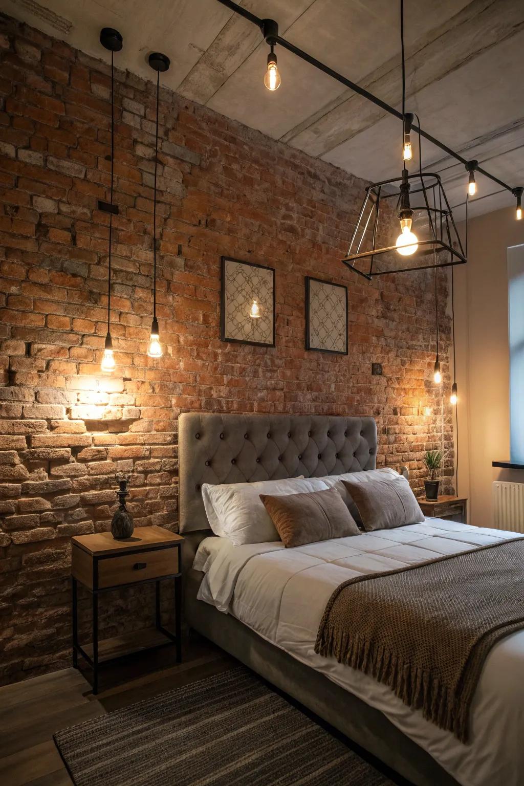 Inviting and gentle lighting solutions that amplify the rustic attraction of the brick wall.