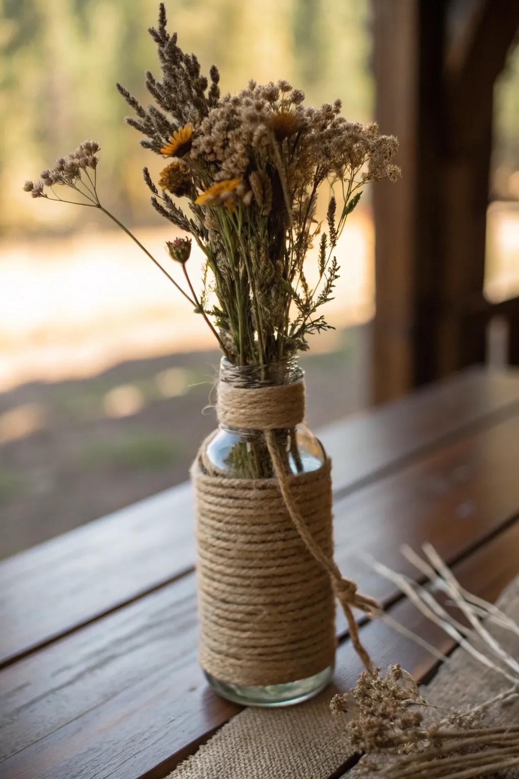 Convert ordinary jars into rustic finesse with cord-adorned vases—ideal for exhibiting dried blooms with skilled flair.