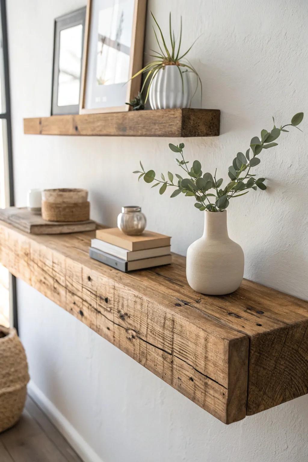 Embrace rustic elegance with reclaimed lumber wall-mounted shelves: perfect for adding natural charm to any space.