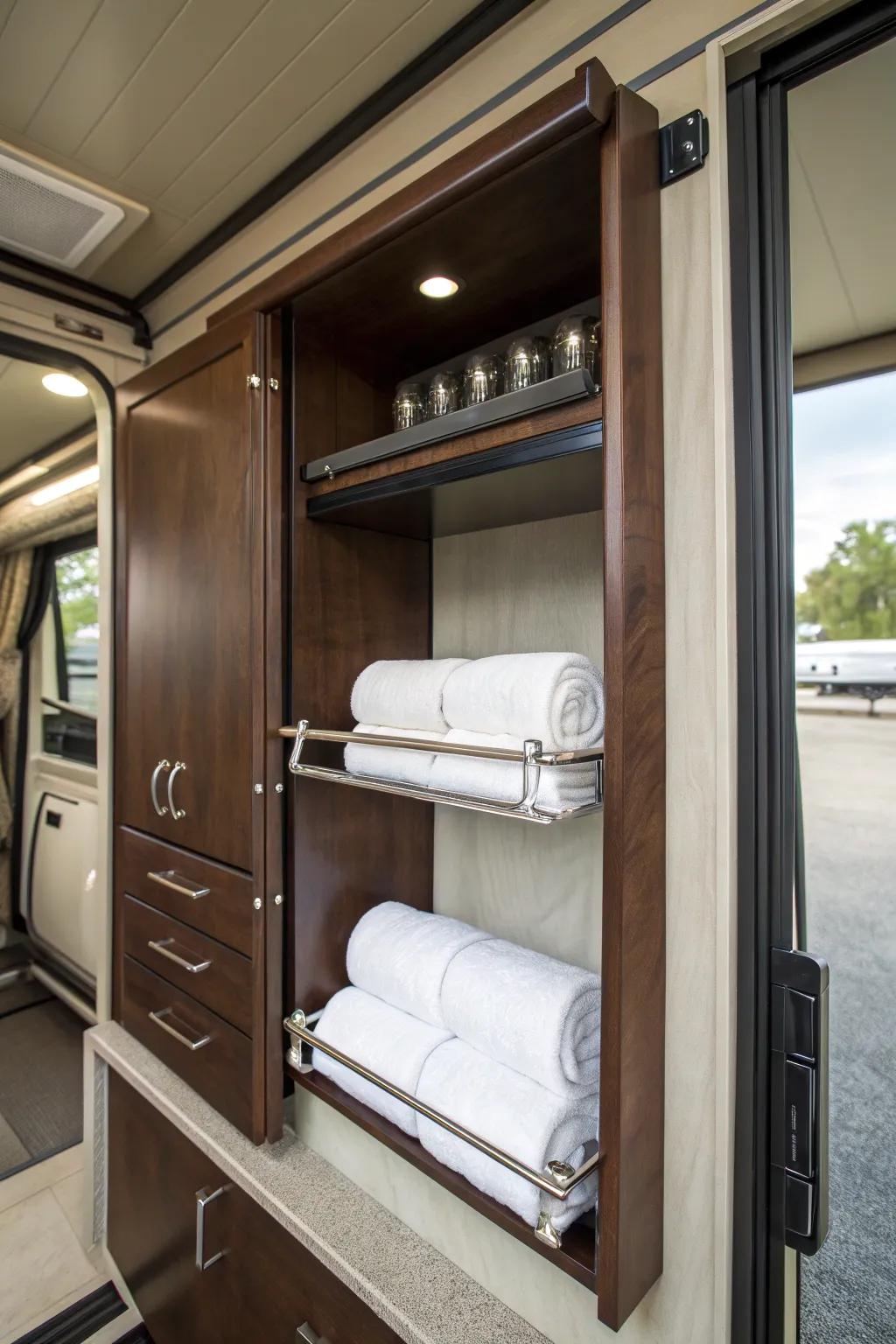 Elevate your RV's storage capacity with beautifully designed expandable rod shelves—no drilling required!