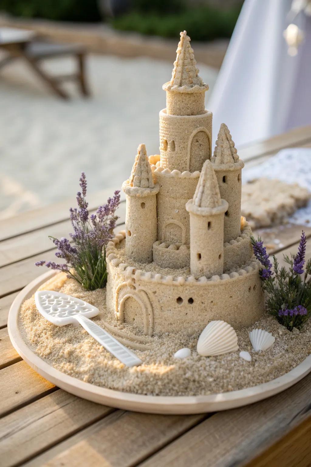 Convert your dessert presentation into a seaside paradise through this magnificent sandcastle cake, complemented by consumable sand for an authentic impression.