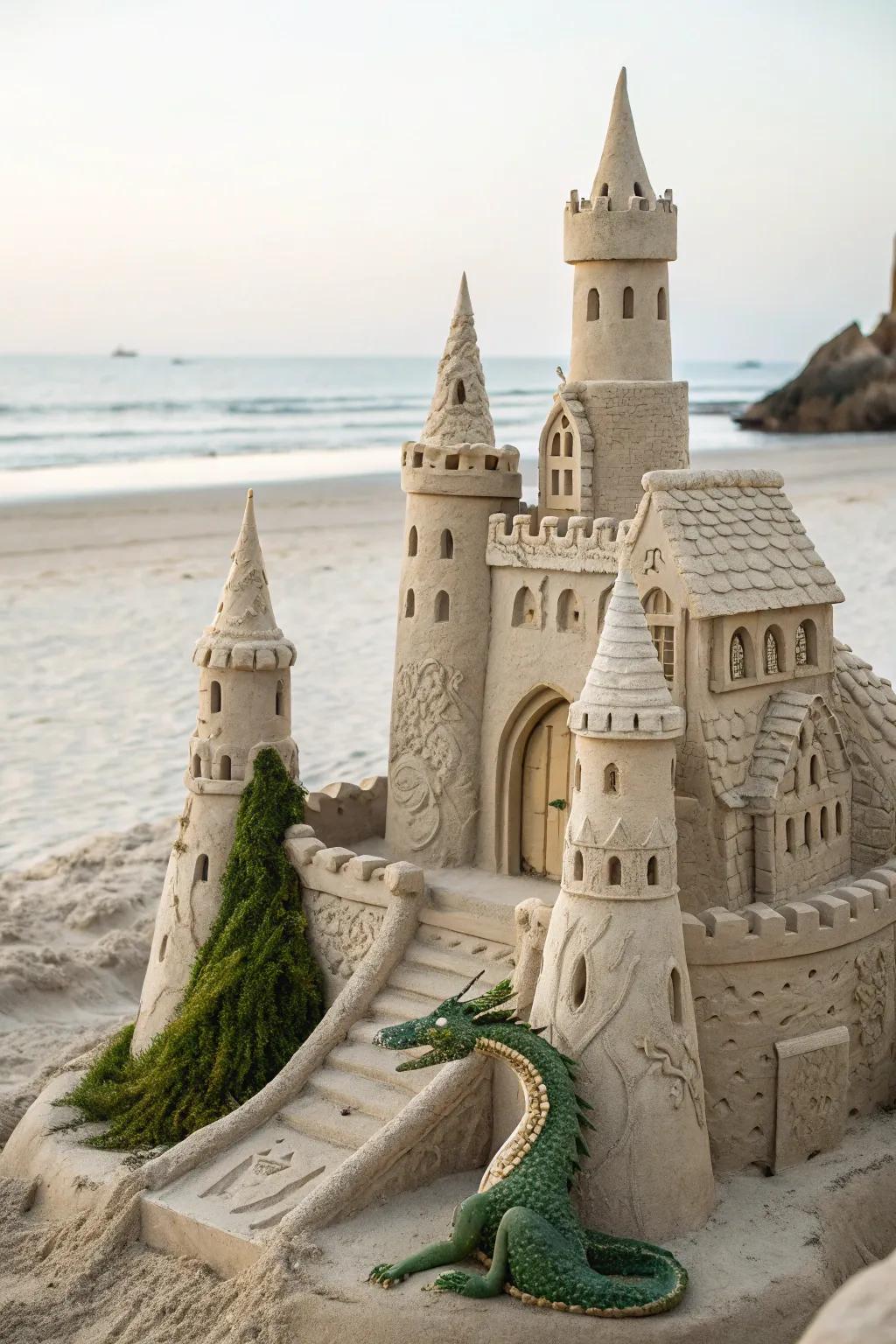 Venture into an enchanted realm with this captivating sandcastle, where fanciful design unites with inherent splendor. Allow your imagination to roam!
