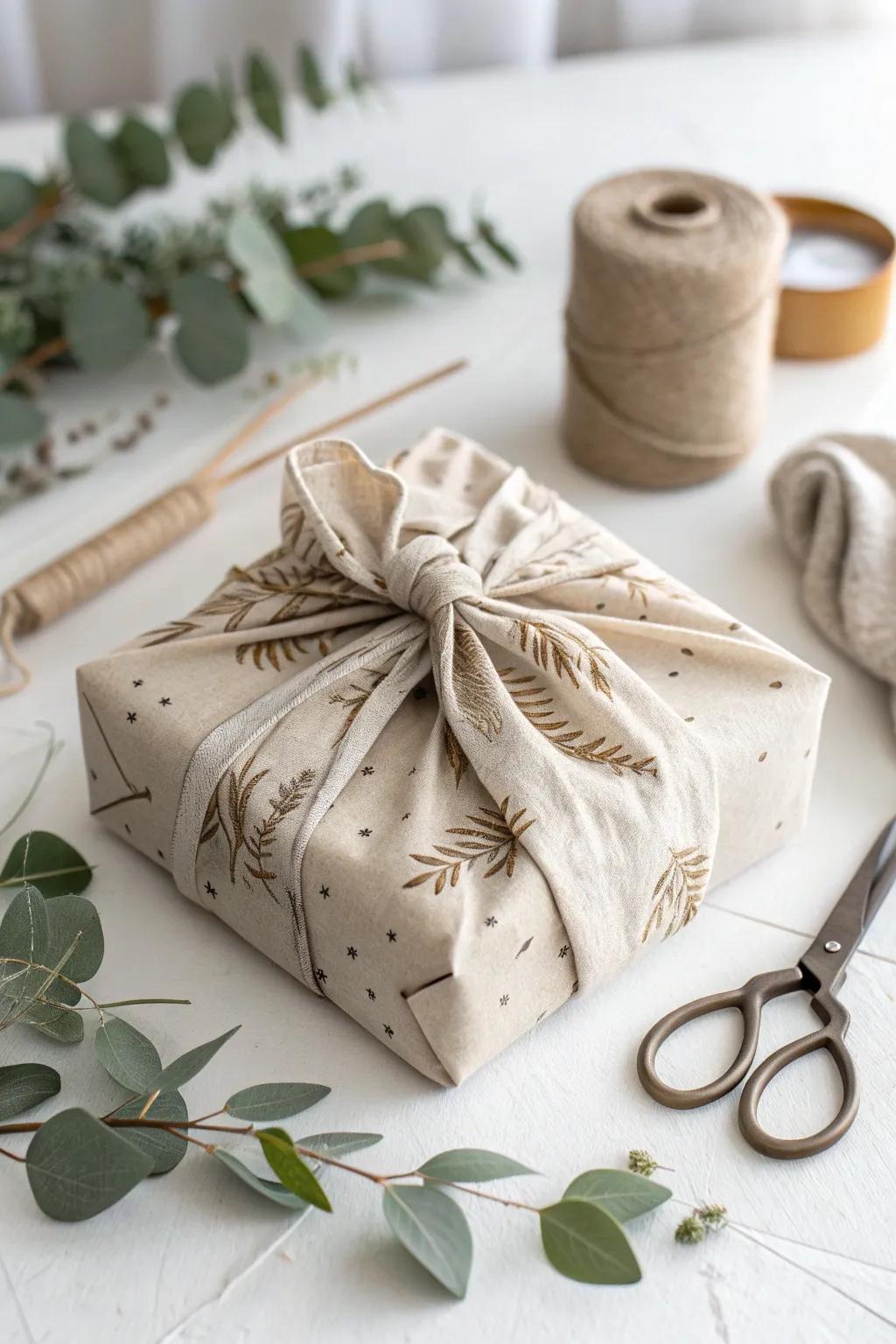 Elevate your gift-wrapping endeavors with environmentally sound elegance via repurposed textiles. A fashionable expression of nature and simplicity.